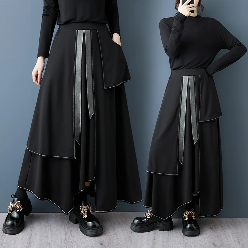 Dark Style Spliced Slimming White Line Long A-Line Skirt Fashionable Asymmetrical Elastic Waist Autumn Wear Casual High Waist...
