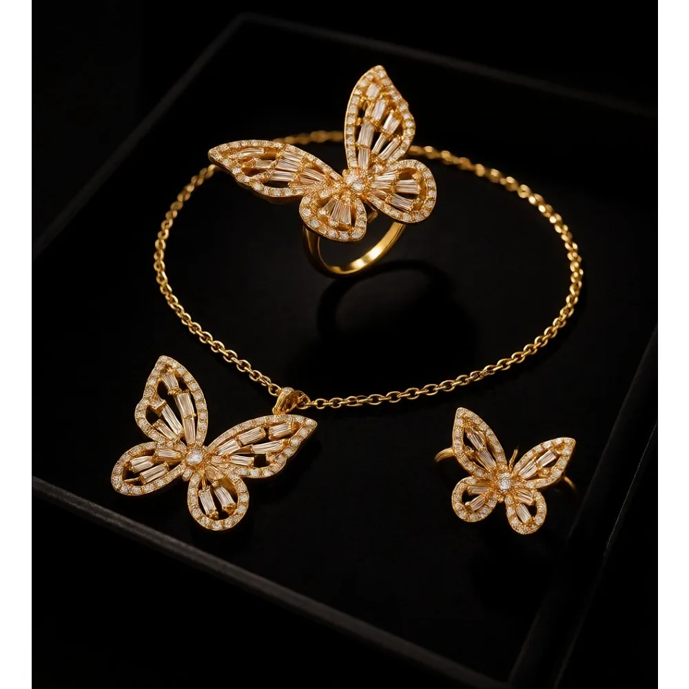 Conjunto de Joyería de Mariposa de Cristal para Mujer, Oro Blanco, Circonita Cúbica, Collar, Pendientes, Anillo, Pulsera, Regalo para Mamá, Dama de Honor
