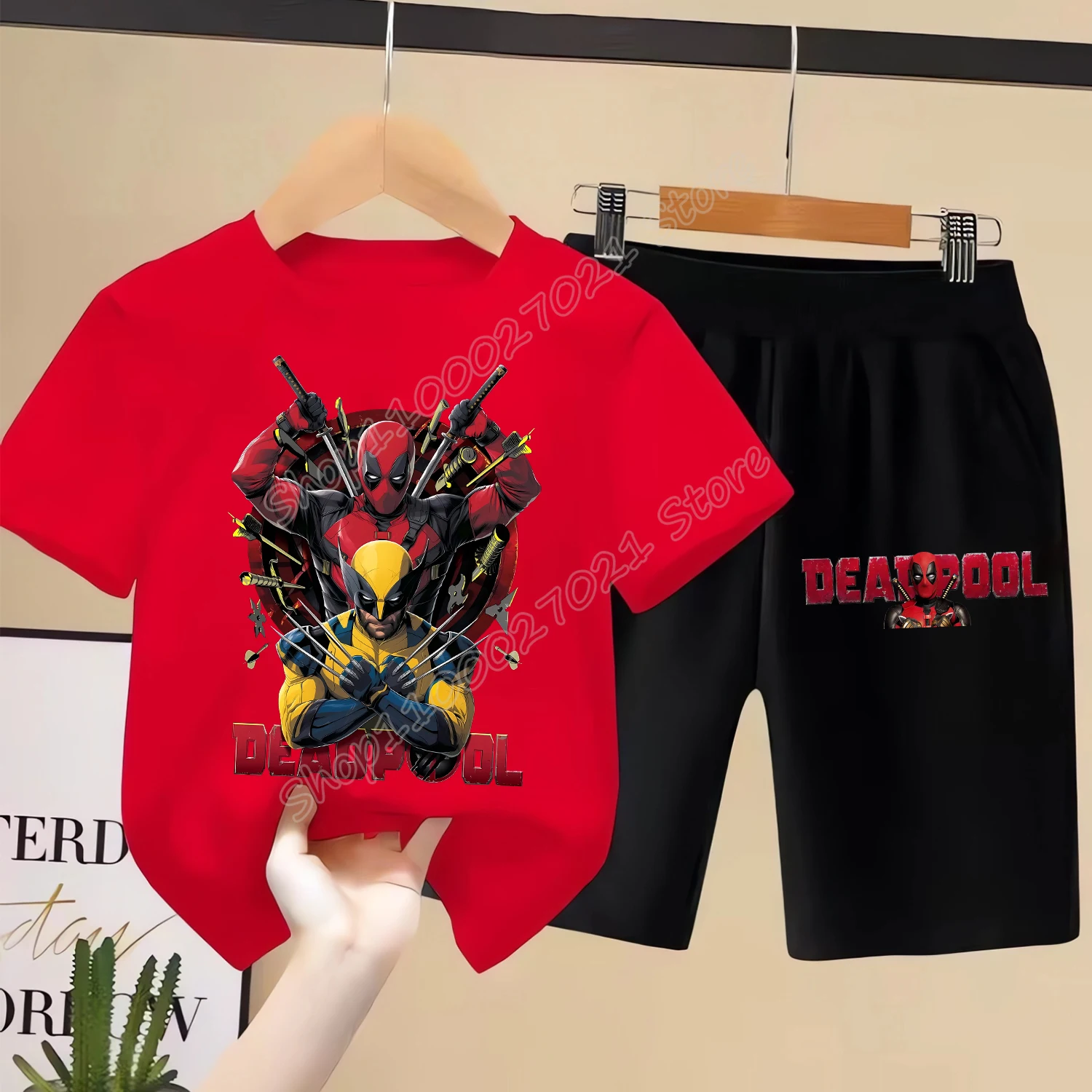 Marvels Deadpool & Wolverine T-shirt Suit Children Summer Tops+shorts 2pcs Pants Set Cartoon Anime Pajamas Kid Home Wear Clothes