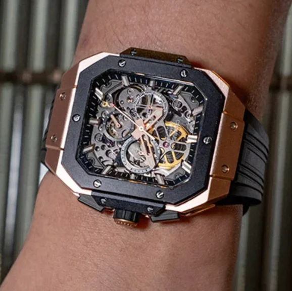 CRONUSART Men Chronograph Watch 45mm Square Automatic Mechanical Wristwatch Carbon Steel Case Luminous Sapphire Skeleton Dial