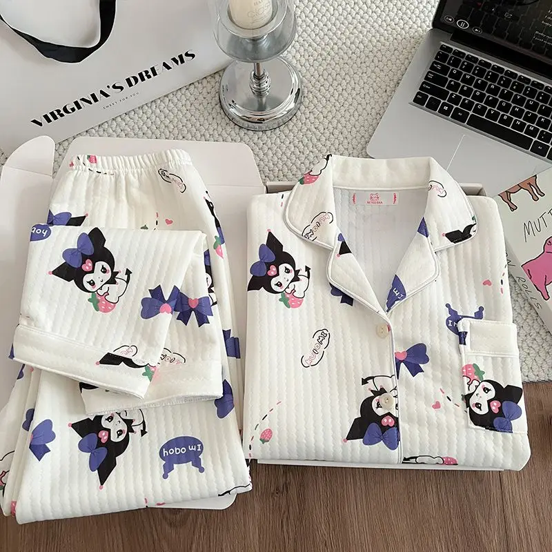 

Теплый зимний комплект для сна Sanrio Kuromi: милая мультяшная пижама для студентов, женская ночная рубашка с длинным рукавом и брюками, термокомплект для дома
