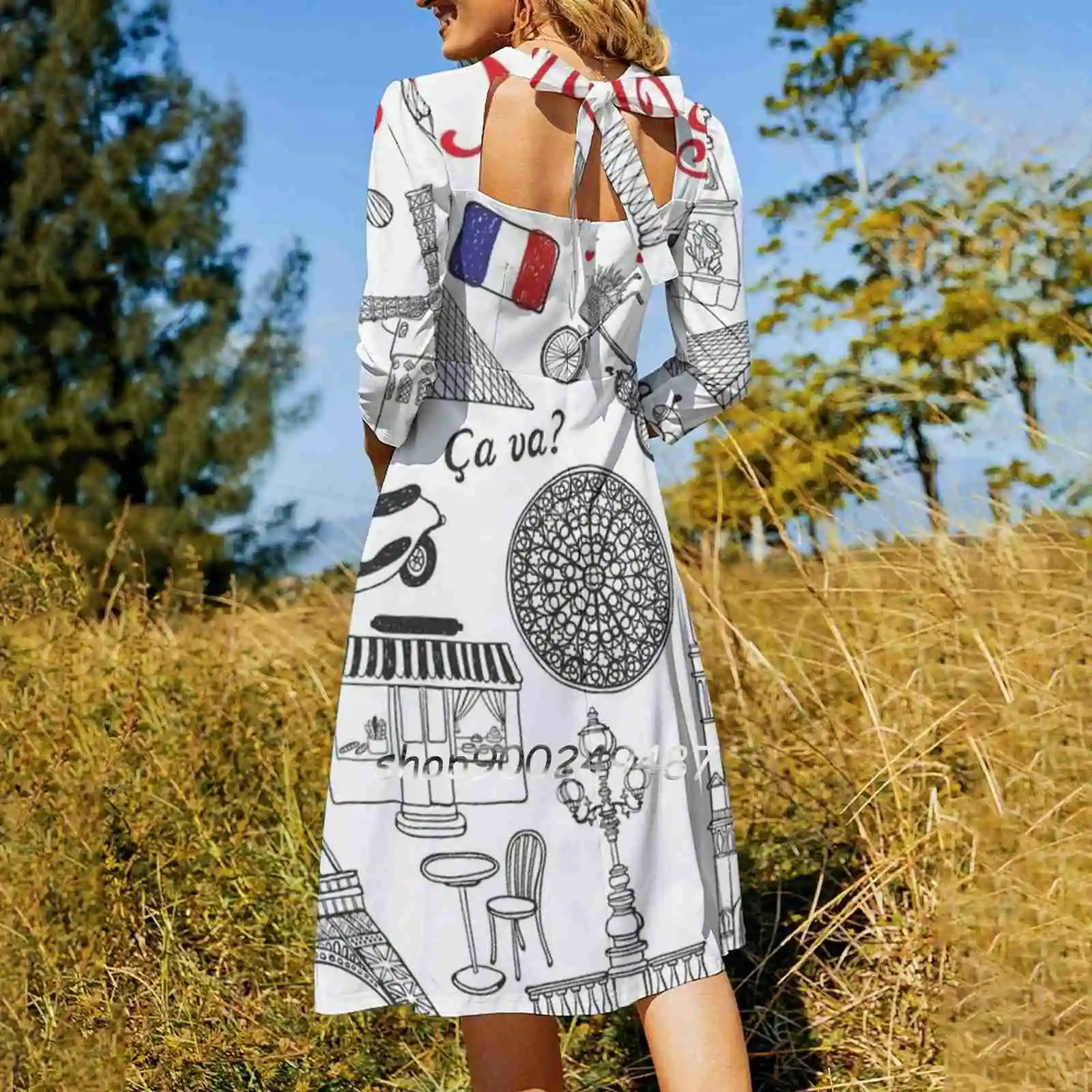 Paris France Travel Theme Design Sweetheart Knot Flared Dress Fashion Design Large Size Loose Dress Paris France Paris France