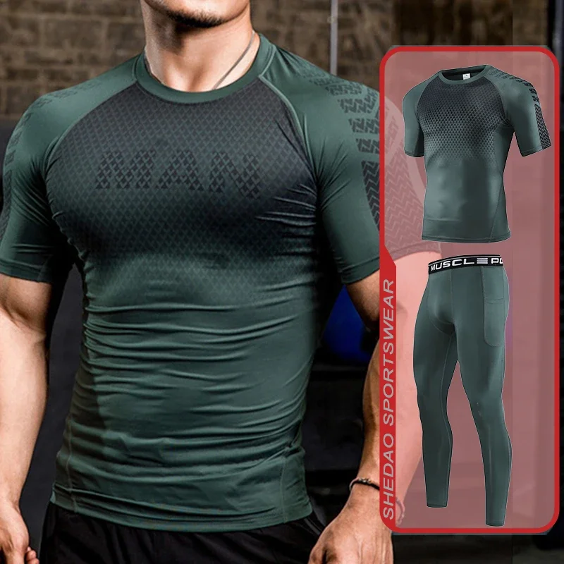 2pcs Set Men Running Compression Sportswear Set Gym Jogging Leggings Fitness Tight Sport T-shirt Pants Outdoor Lycra Sweatpants