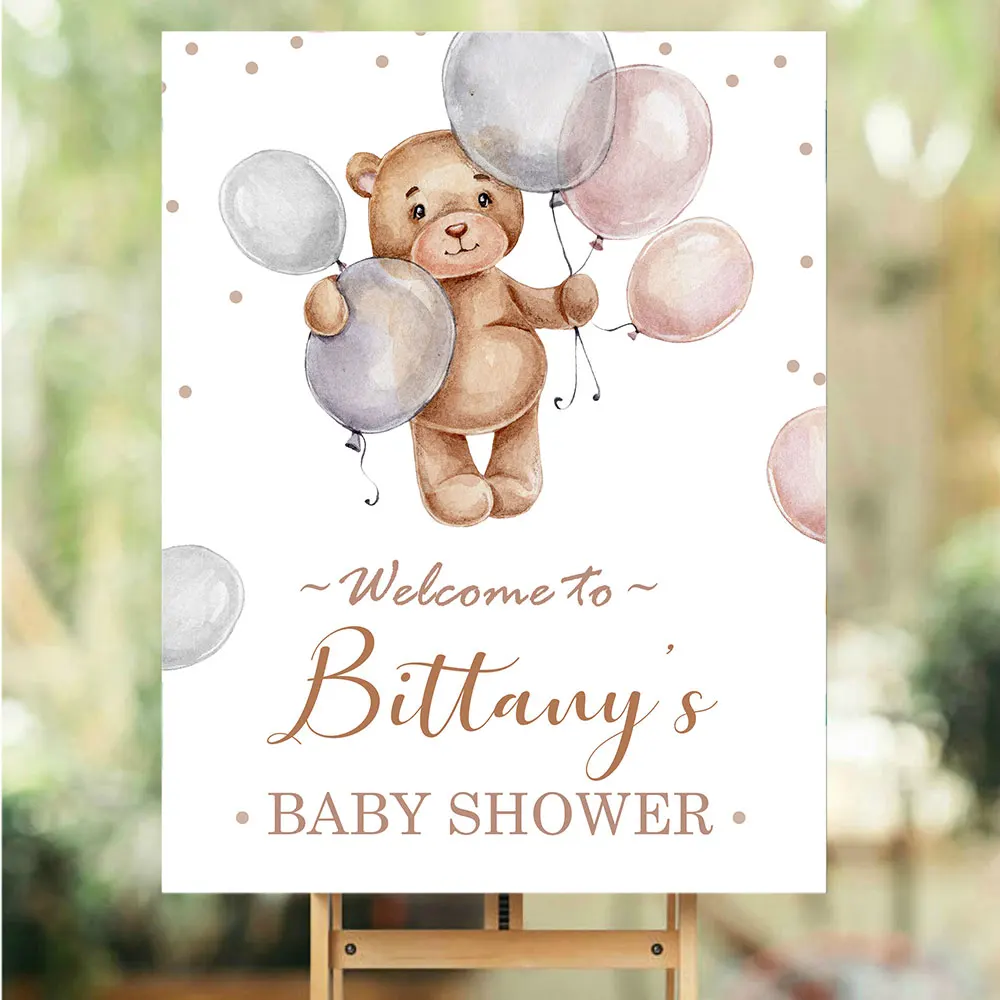 Bear Balloon Party Poster Baby Shower Custom Art Print Birthday Party Canvas Painting Baptism Wall Picture Personalise Decor