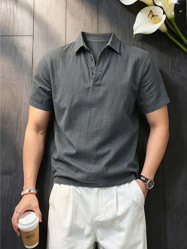Lightweight Breathable Ice Silk  Shirt Short Sleeve Men Summer Deep Grey Old Money Style Loose Fit Comfortable Flip Collar