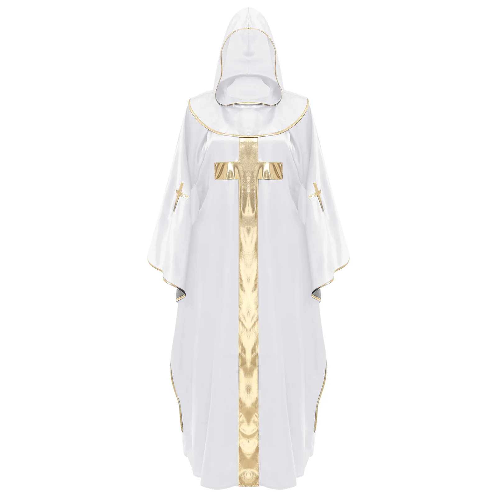 

Unisex Priest Dress Up Hooded Robe Metallic Shiny Gold Cross Pullover Pastor Vestments Cape Halloween Carnival Cosplay Outfit