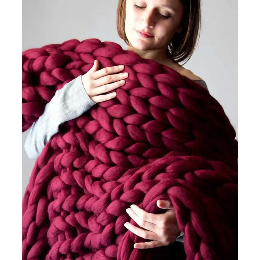 Chunky merino wool blanket thick large yarn roving knitted blanket winter warm plaid throw blankets sofa bed blanket