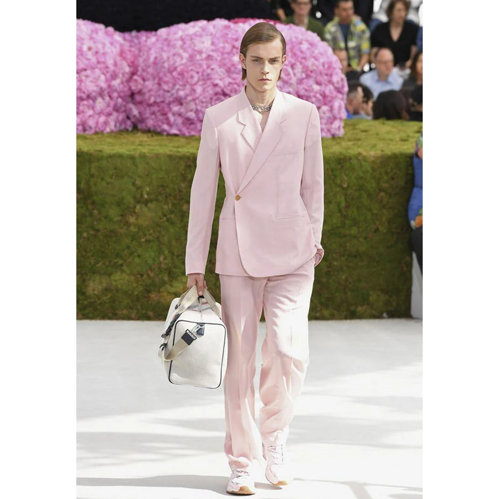 

Pink Single Buckle Suits for Men 2 Piece High Street Peak Lapel Outfits Chic Casual Party Prom Wedding Set