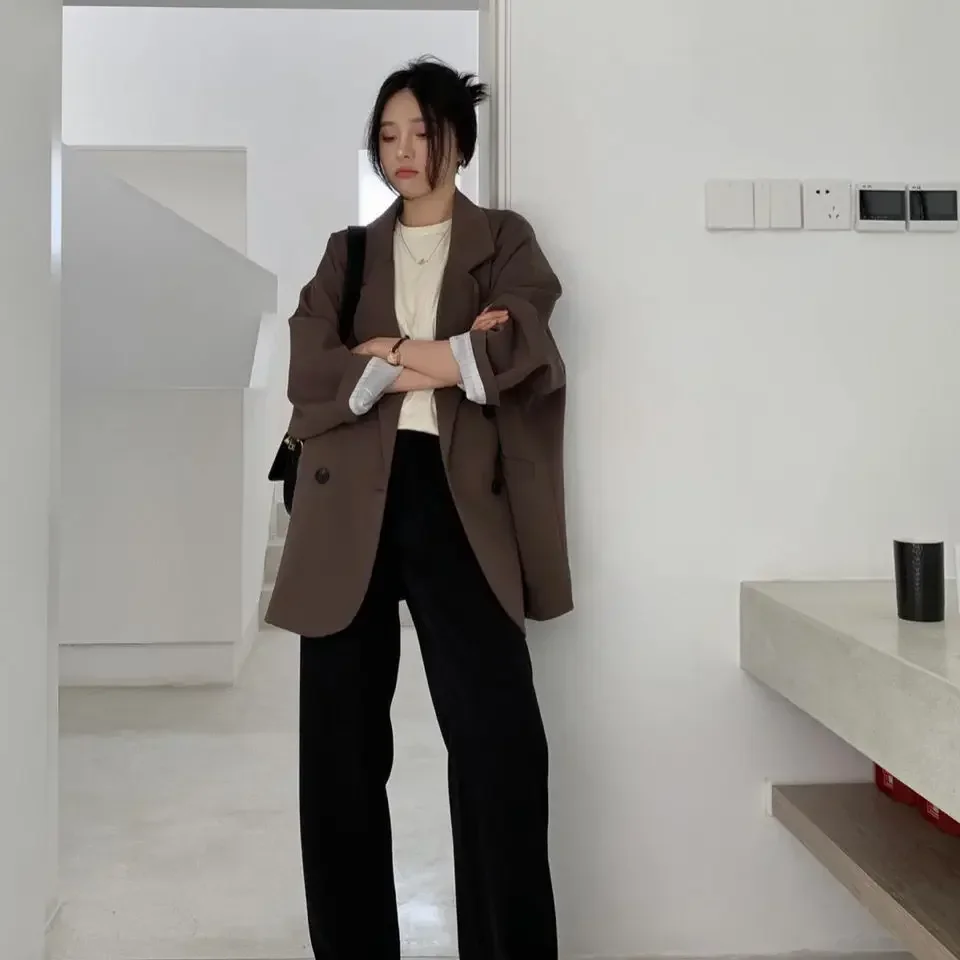 New 2026 Vintage Loose Women Solid Blazer Autumn Chic Double Breasted Female Long Sleeve Suit Jackets Stylish Ladies Blazers