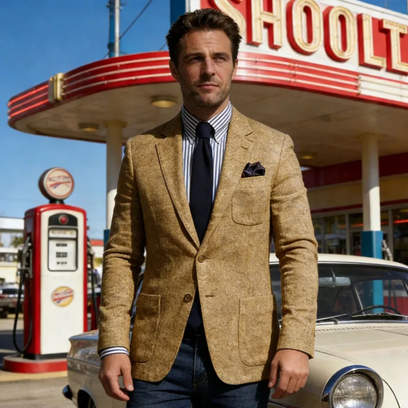 

Vintage Men's Wool Blend Blazer Slim Fit Notch Lapel 2 buttons Jacket Business Meeting Coat for Spring Autumn