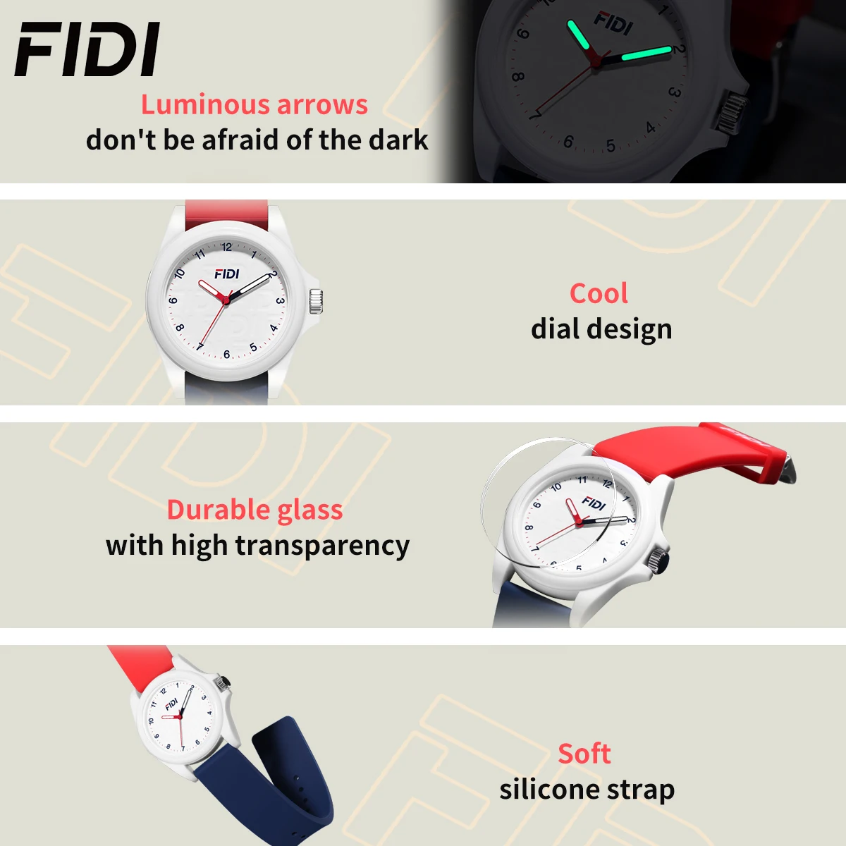 FIDI Unisex Quartz Watch - Multicolor Options, Silicone Band, Luminous Dial, Waterproof, Ideal for Students FDW1001