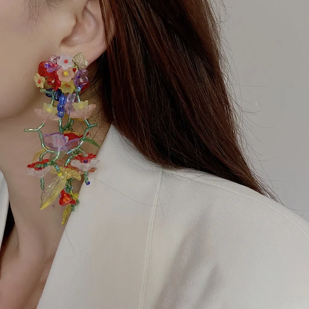 Lifefontier Bohemia Resin Transparent Colorful Flower Long Tassel Earrings for Women Handmade Beaded Hanging Earrings Jewelry