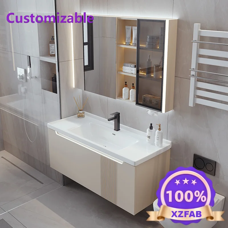 Factory Direct 2026 Modern Solid Wood Door Panel Bathroom Cabinet Integrated Ceramic Basin Wash Face Washbasin