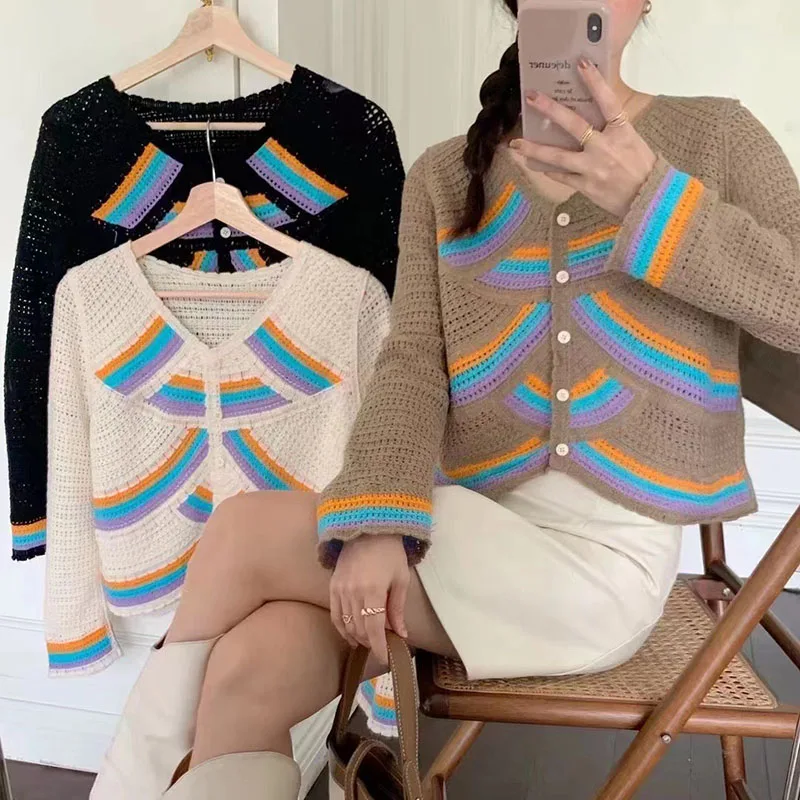 Chato mel chato mel arco-íris ondulado listras cor combinando babados camiseta fino cardigan casaco curto nova idade-reduzindo camisola
