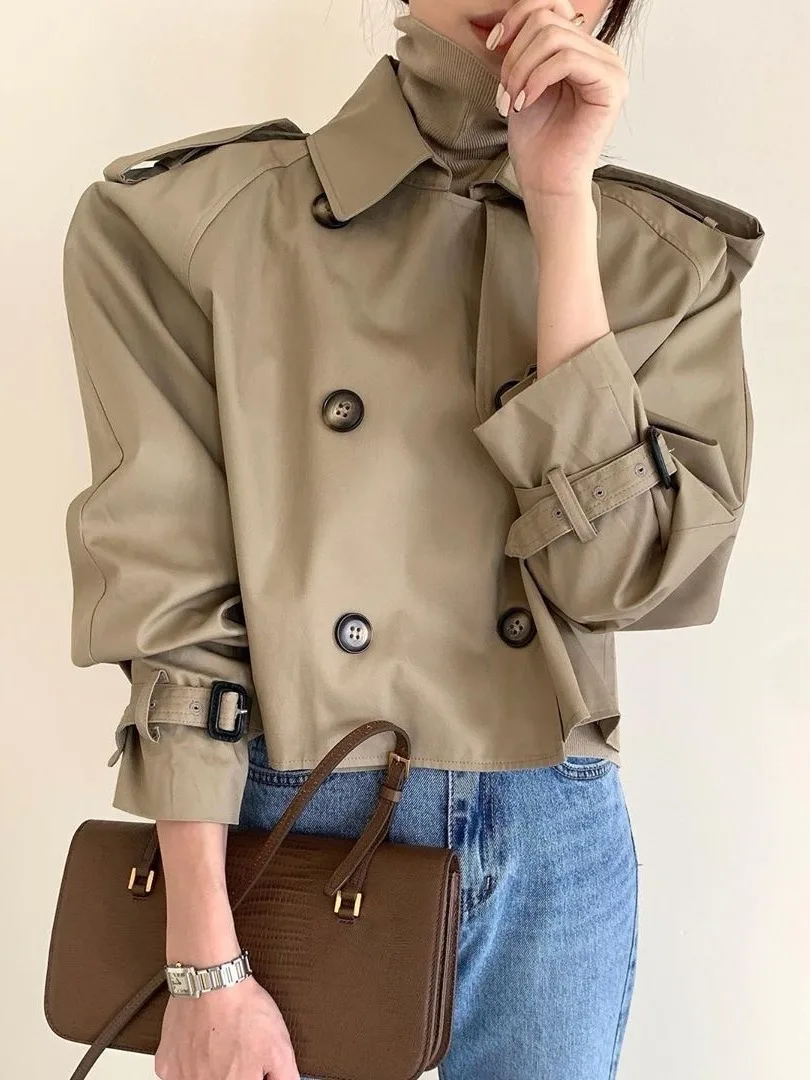 

Chic Autumnal ort Coat Jaet Women's Long Sve Turn-down Collar Double-breasted Loose Fit Versatile Outerwear Coat