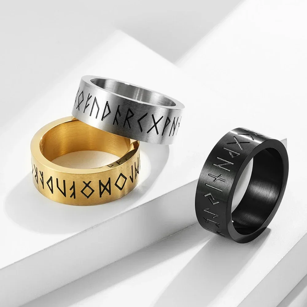 Vintage Stainless Steel Minimalist Viking Runes Ring Men\'s Punk Cool Black Gold Color Band Rings Dropshipping