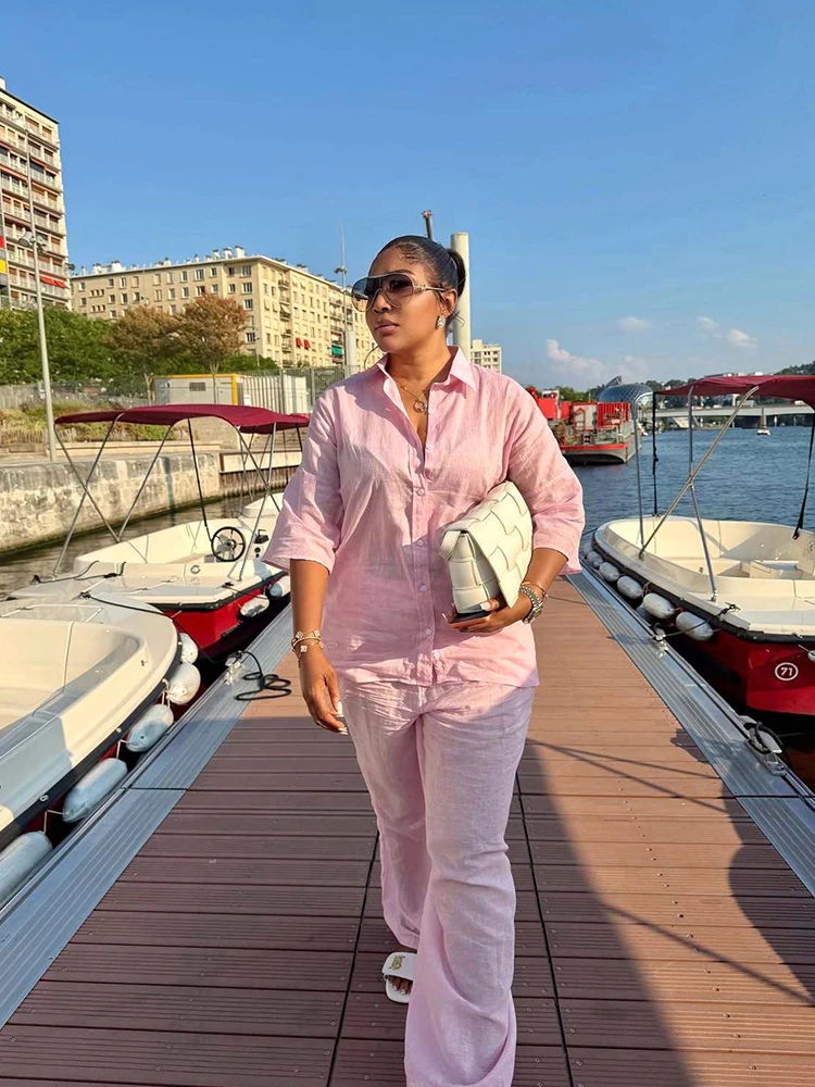 African Fashion Pink Two Piece Set Women Solid Collar Button Down Shirt with Long Pants Modest Summer Clothes Casual Loose Suit