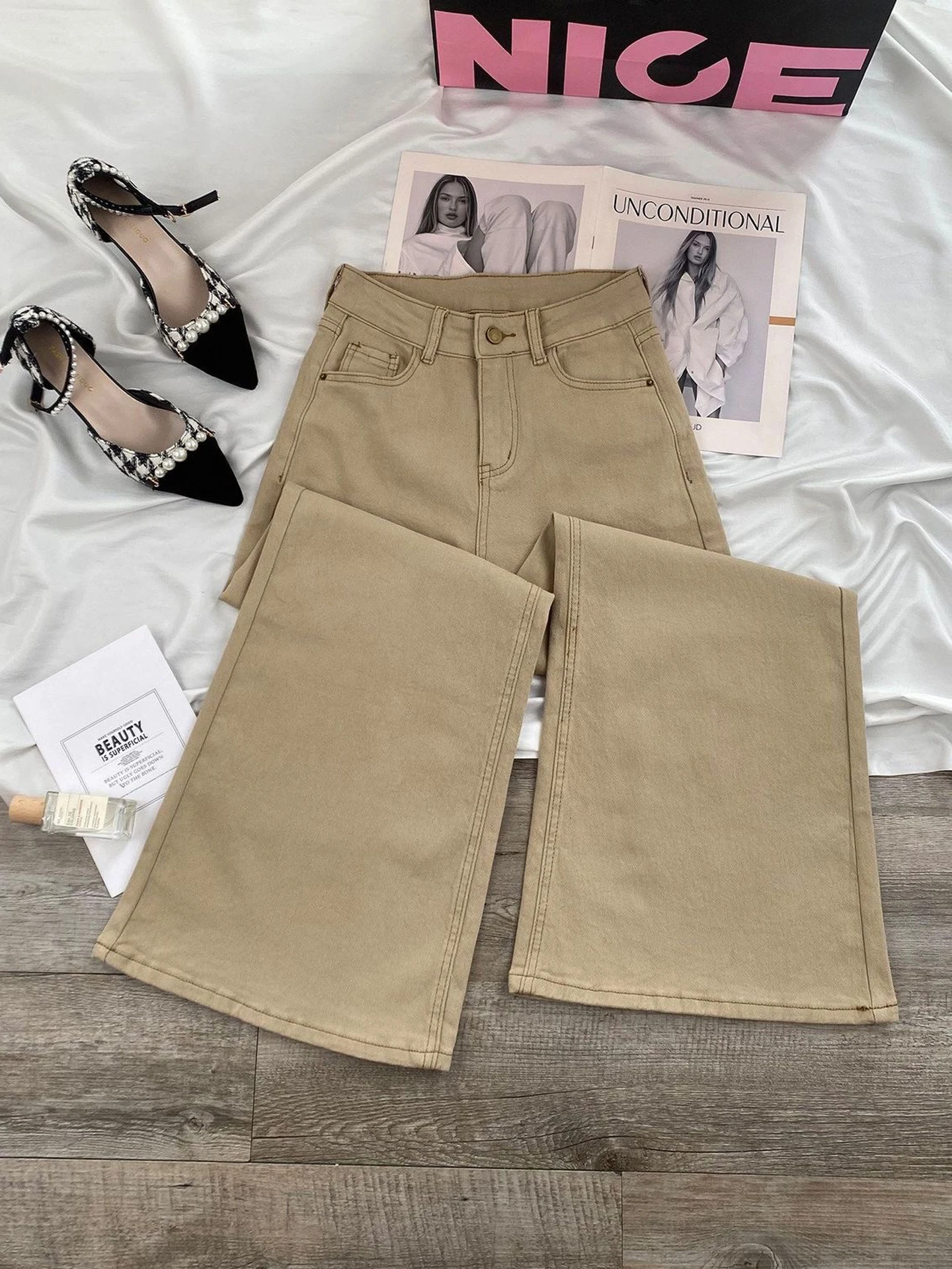 

Khaki High Waist Wide Leg Jeans Women Summer New Style Washed Draped Pants Trendy Bootcut Trousers American Style Jeans