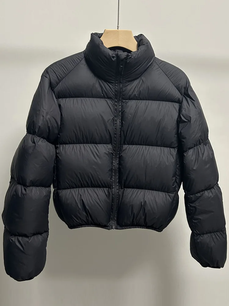 Short Down Jacket for Small Women, 90% White Duck Down, Standing Collar, Black and Coffee