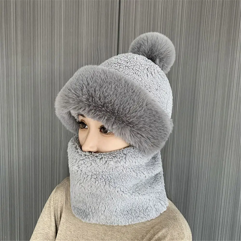 Winter Scarf Set Hooded for Women Plush Neck Warm Russia Outdoor Ski Windproof Hat Thick Plush Fluffy Beanies Cycling Cap