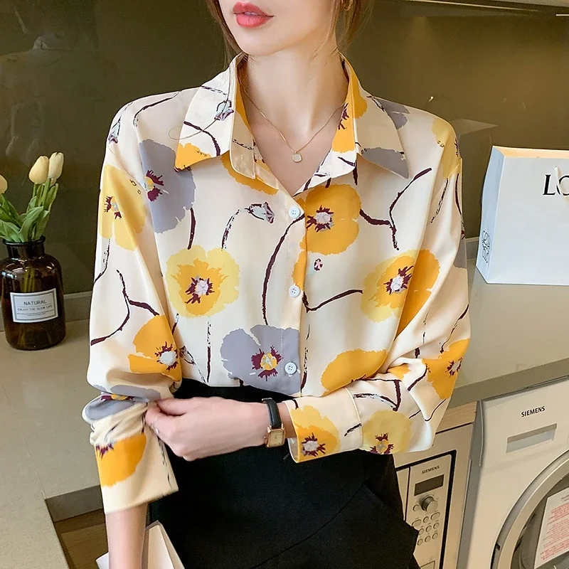 Floral Printed Button Up Shirt Women 2024 Elegant Fashion Long Sleeve Office Chiffon Blouses Y2k French Loose Ladies Tops Mujer