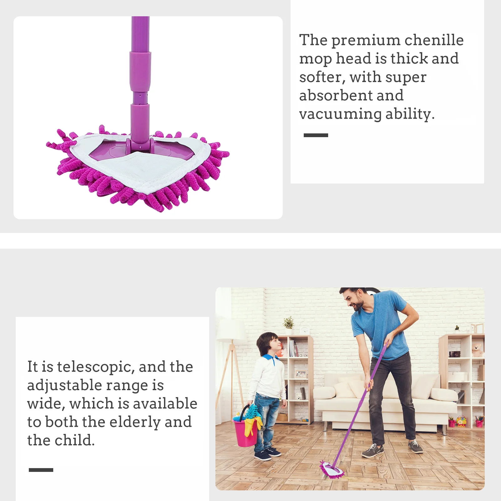 

Telescopic Retractable Triangle Mop Chenille Head Soft Super Absorbent for Home Floor Window Glass Cleaning Corner Bath Toilet