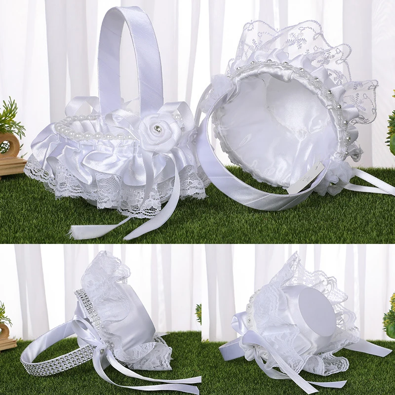 White Flower Girls Basket Pearl Lace Simple Wedding Basket For Flower Bride/kids Hand Held Wedding Ceremony Party Decorations