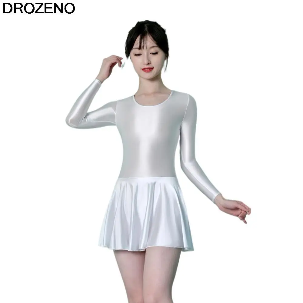 Drozeno Tight  sexy  Glossy Silky One-Piece Tight Skirt Sports Yoga Ballet Dance Dress Long Sleeve Body Skirt One-Piece Swimsuit