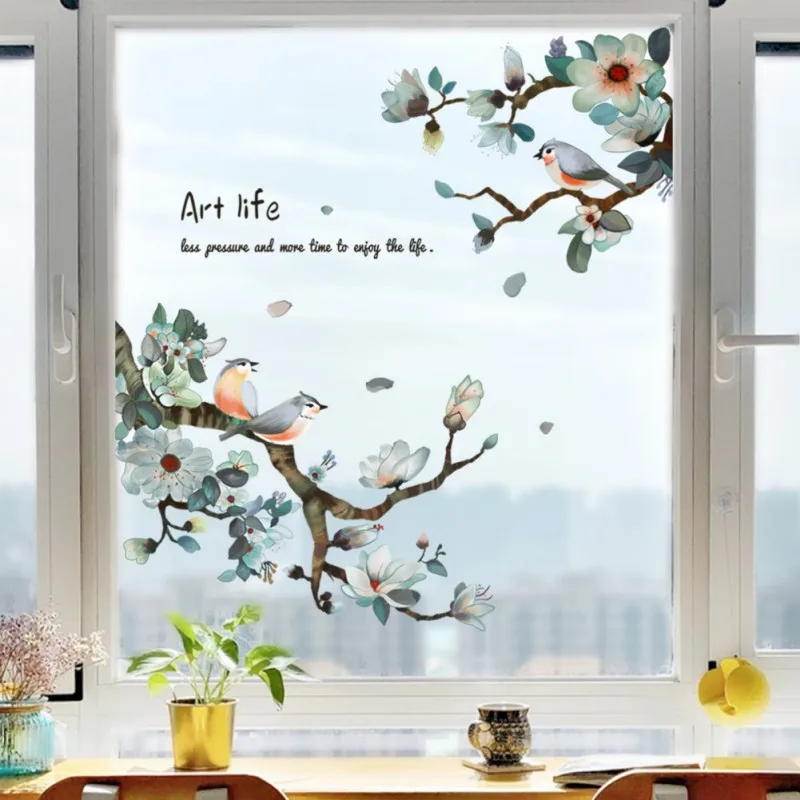 PVC Decorative Flower Birds Sticker Static Window Decor Vinyl Art Spring Flowers Glass Wall Decal for Home Bathroom Decoration