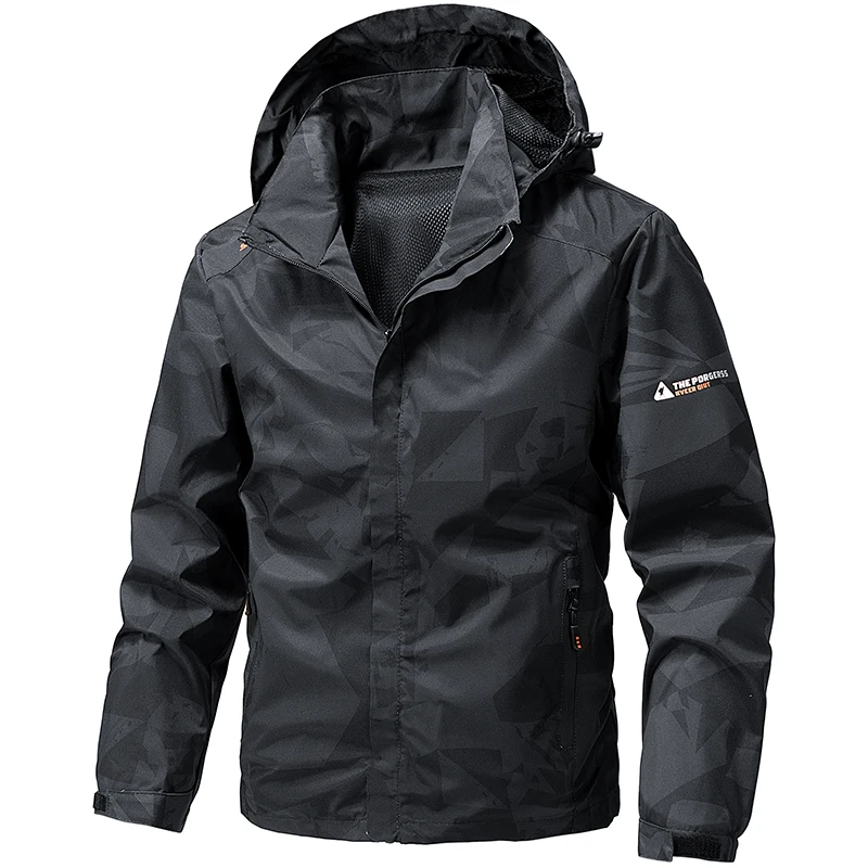 2026 New Men Geometric Camo Print Hooded Jacket Waterproof Wind Resistant Adjustable Hem Cuff Zipper Pockets Outdoor Travel Camp