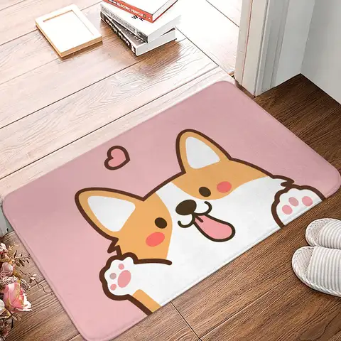 Cute Cartoon Corgi Doormat Anti-Slip Kitchen Bathroom Mat Garden Garage Floor Door Entrance Carpet Rug