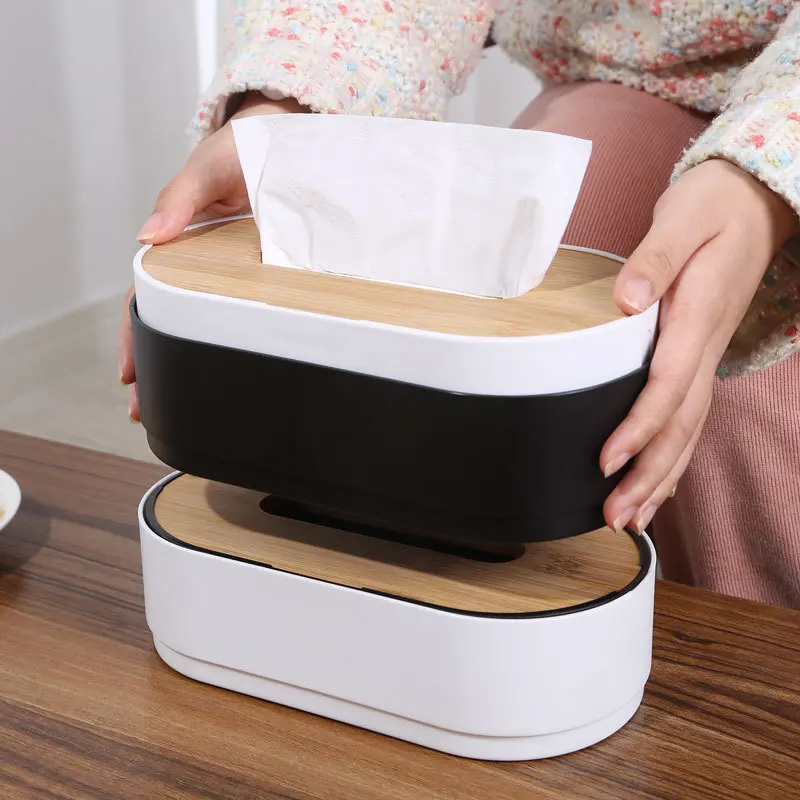 Oval Tissue box with Lifting Wooden Lid Removable Paper Case Extended Napkin Holder Organizer Desk Kitchen Storage Boxes