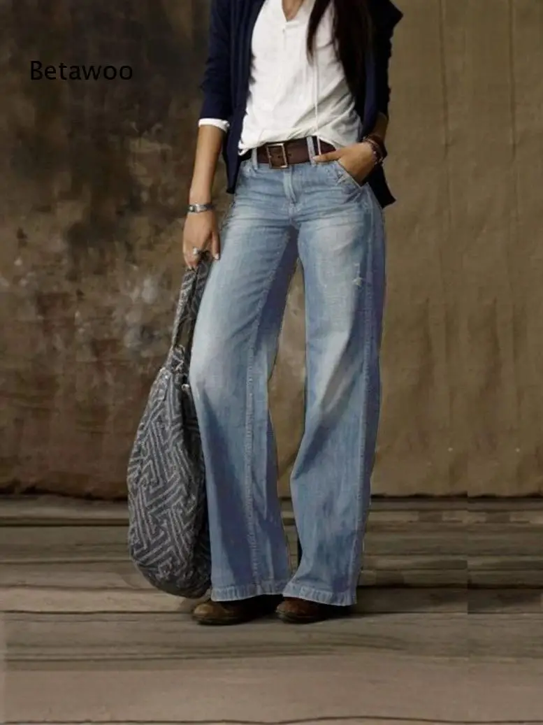 Women's High Waist Wide Leg Denim Jeans with Contrast Cuff Hem and Loose Fit Straight Trousers for Casual Streetwear