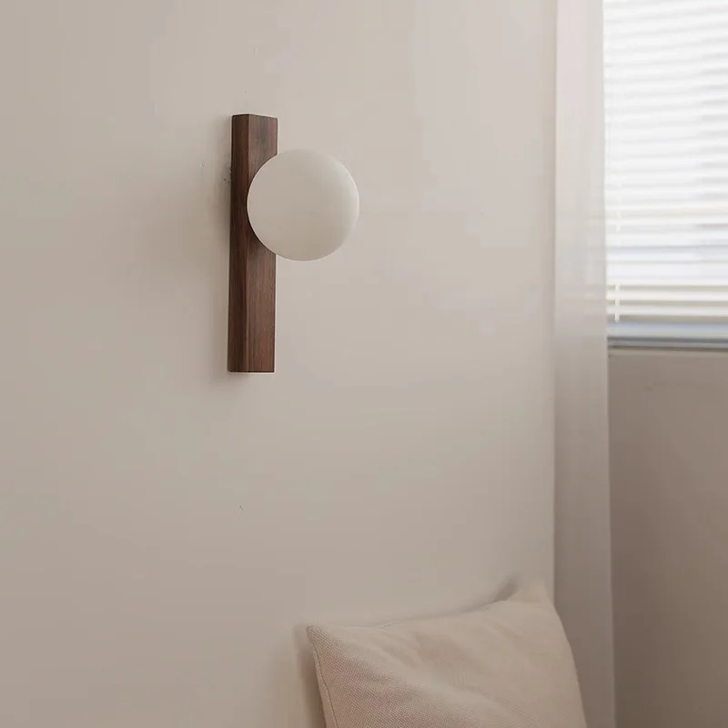 Walnut Wood Milk white Glass Sphere, Wabi-sabi Modern style, Wall light Sconces for Bedroom, Living, Aisle balcony, Bedside