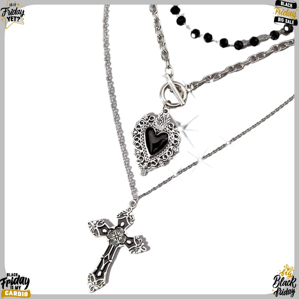 3 Pieces of Retro Gothic Bead Black Heart OT Necklace, Y2K Punk Rock Sweet Cool Cross Necklace