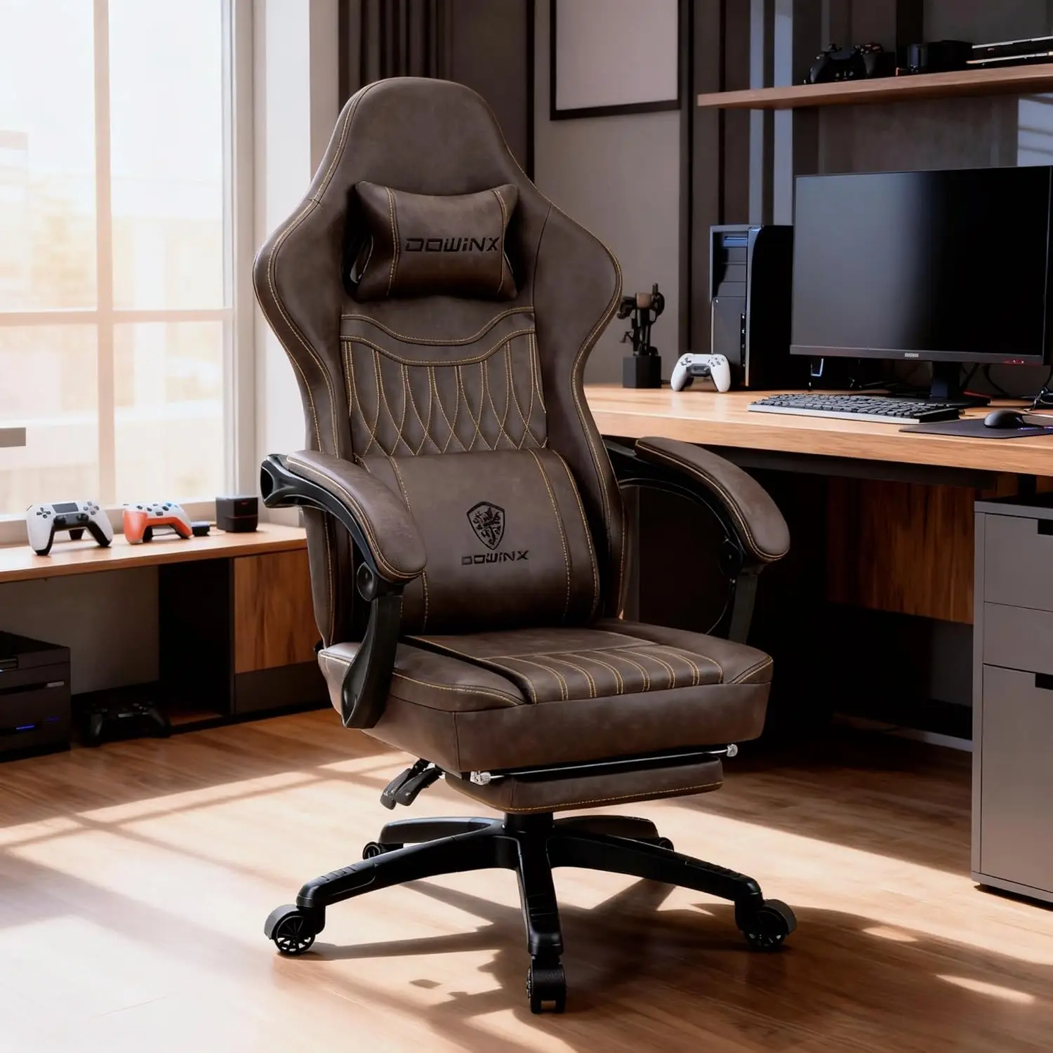 Gaming Chair Breathable PU Leather Gamer Chair with Footrest Massage Lumbar Support,Tall Ergonomic Reclining Computer Chair