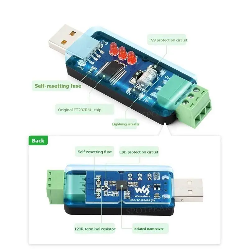 Waveshare Industrial-Grade FT232RNL USB To RS485 Isolated Bidirectional Converter 1200 Meter Long Distance Isolation