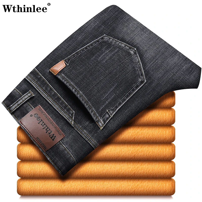 Winter New Men\'s Fleece Warm Jeans Classic Style Business Casual Thicken Regular Fit Denim Pants Black Blue Brand Trousers