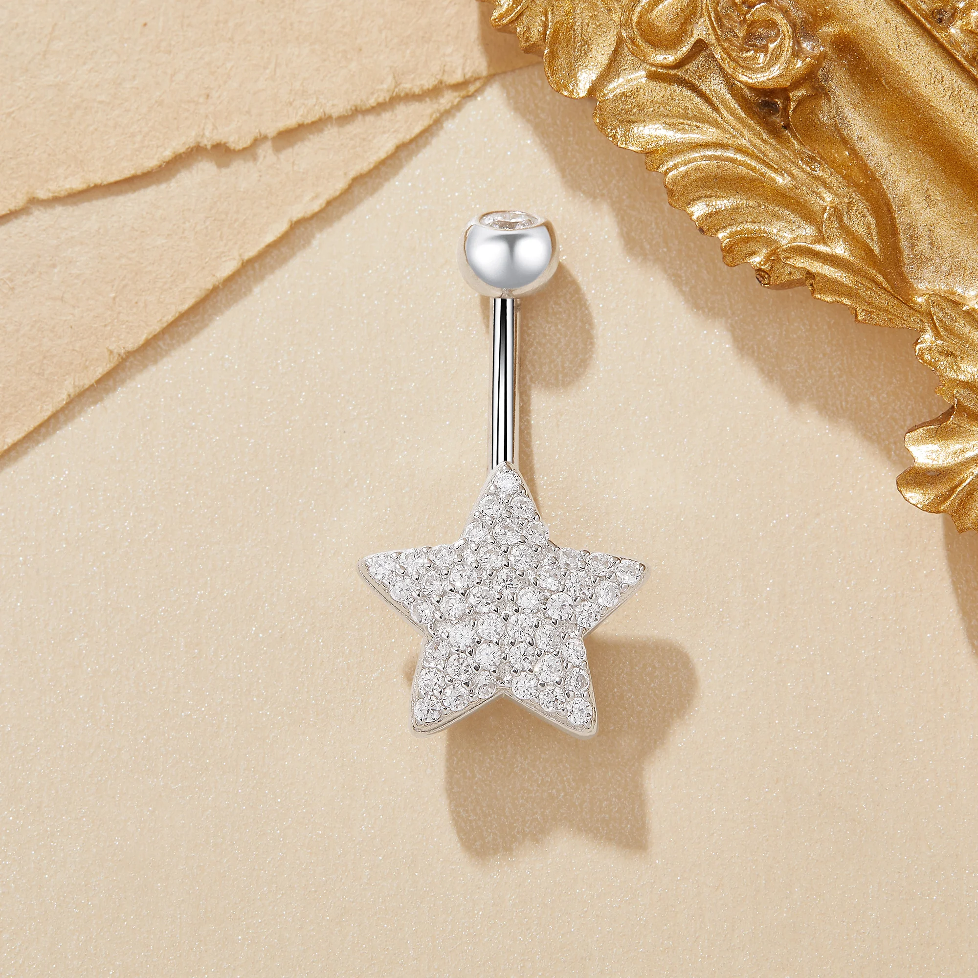 Simulated Diamond Star Solid 925 Sterling Silver Belly Button Ring Belly Piercing Navel Bar Curved Barbell Navel Ring 6710033