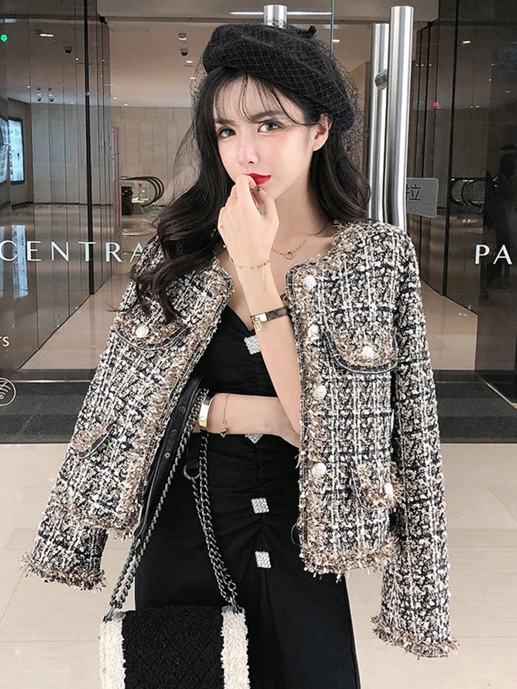 

Zoki Slim Твидовый жакет в клетку с кисточками Женское винтажное корейское короткое пальто с круглым вырезом и длинными рукавами Элегантные осенние женские универсальные топы в стиле ретро