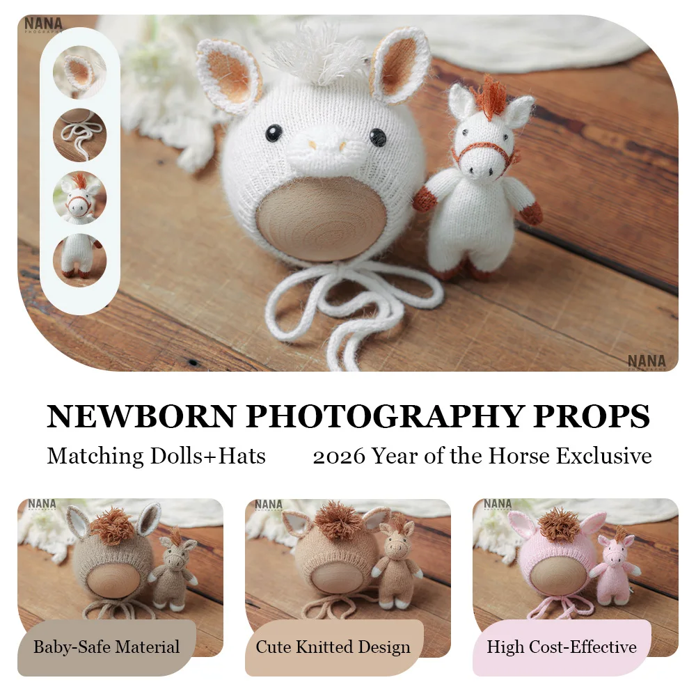 

Multi-color Handmade Knit Pony Hat+doll 2PCS/Set Professional Newborn Photography Props Studio Baby First Milestone Photo Props