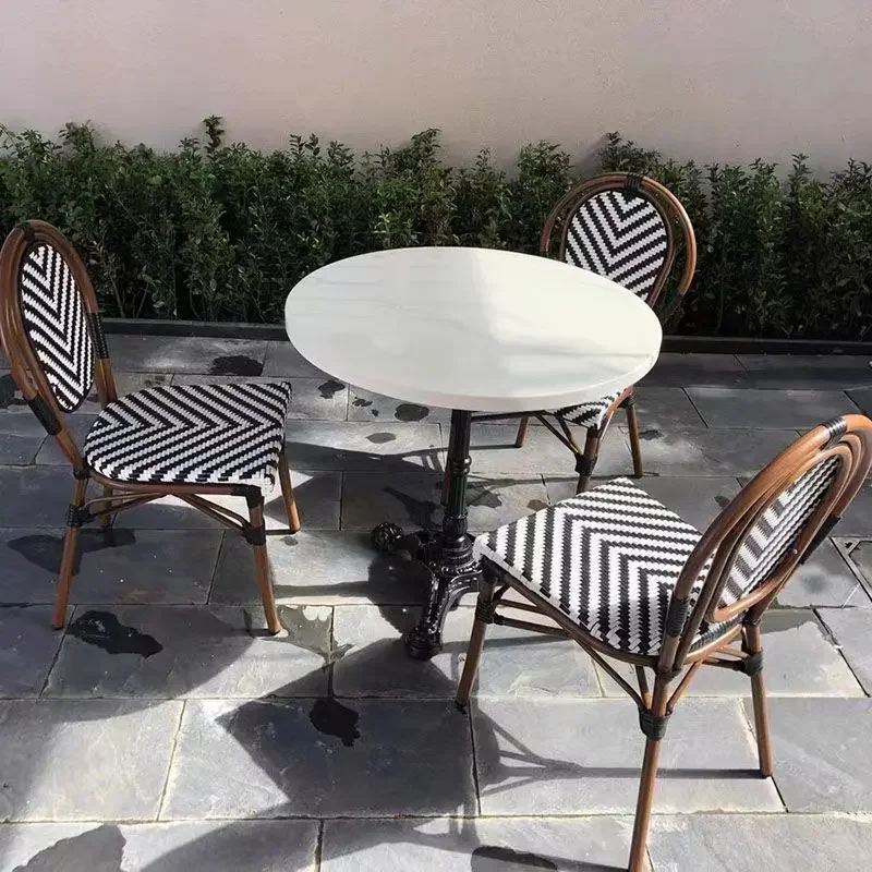 

French Cafe Milk Tea Shop Rattan Tables And Chairs Outdoor Western Restaurant Homestay Balcony Courtyard Retro Marble Dining Tab