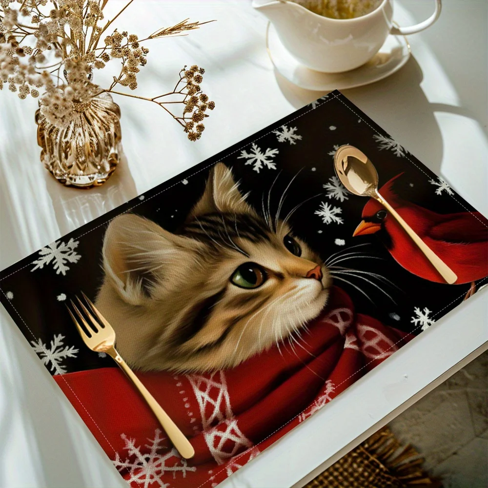 Adorable Tabby Cat With Red Cardinal Bird On Black Snowflake Background Linen Placemat For Winter Holiday Table Centerpiece