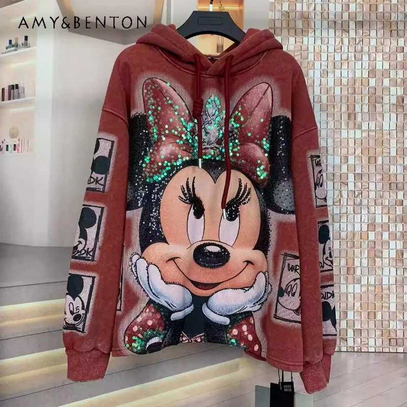 Thickened Hooded Sweatshirt Autumn Winter Jacket Fleece-Lined Heavy Craft Cartoon Loose Long Sleeves Drawstring Casual Sudaderas