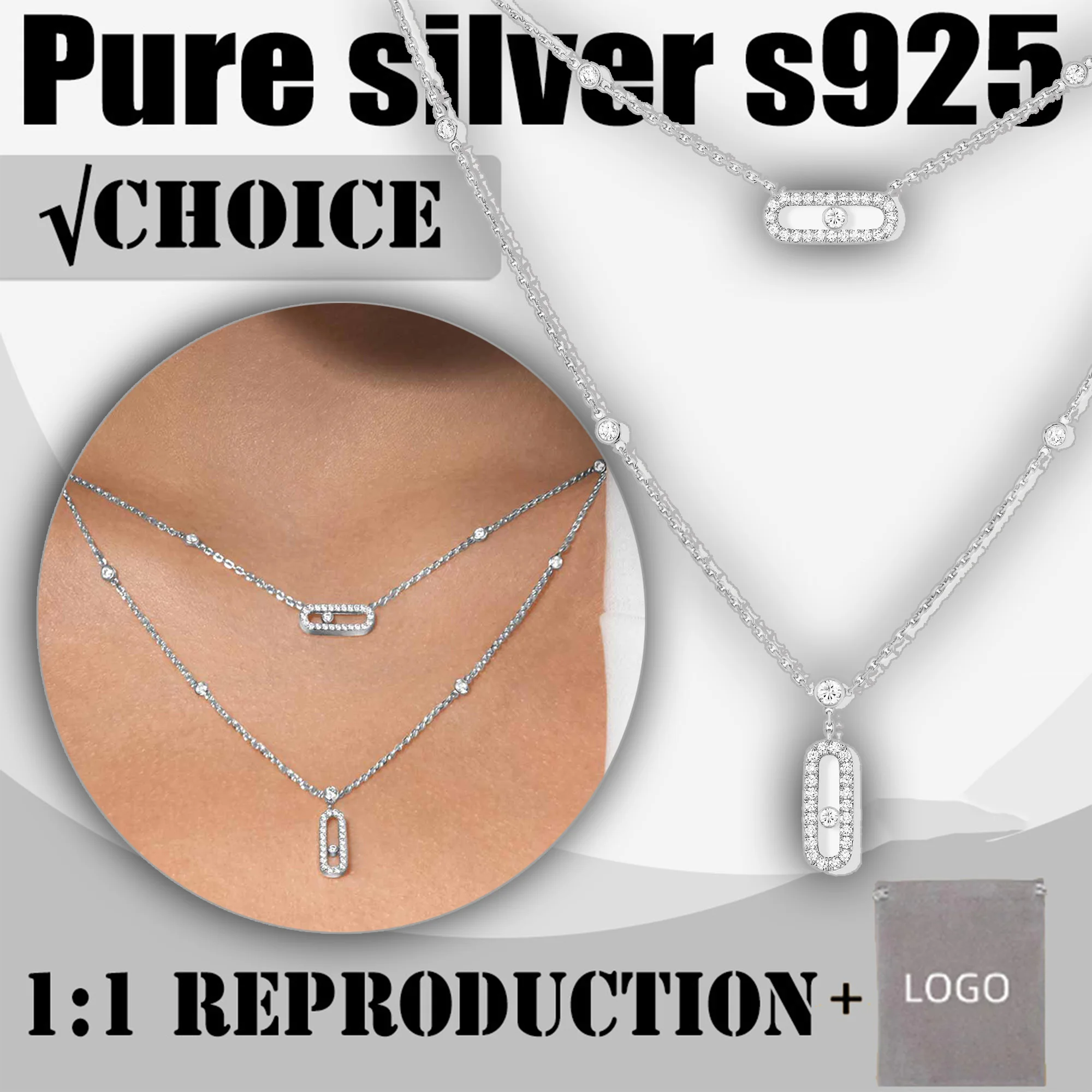 

New pure silver s925 double-layer personalized diamond double ring necklace MOVE UNO series Messi's trendy women's necklace