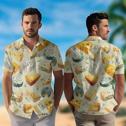 Delicious Food Graphic Hawaiian Shirt Men Cheese Bacon Noodle Chicken 3D Print Blouses Streetwear Button Lapel Tops Aloha Shirts