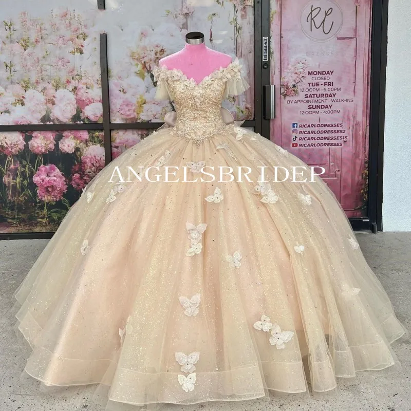 ANGELSRIDEP 2024 New Ball Gowns Champagne Quinceanera Dresses With Big Bow Princess Formal Girls Birthday Party Gowns