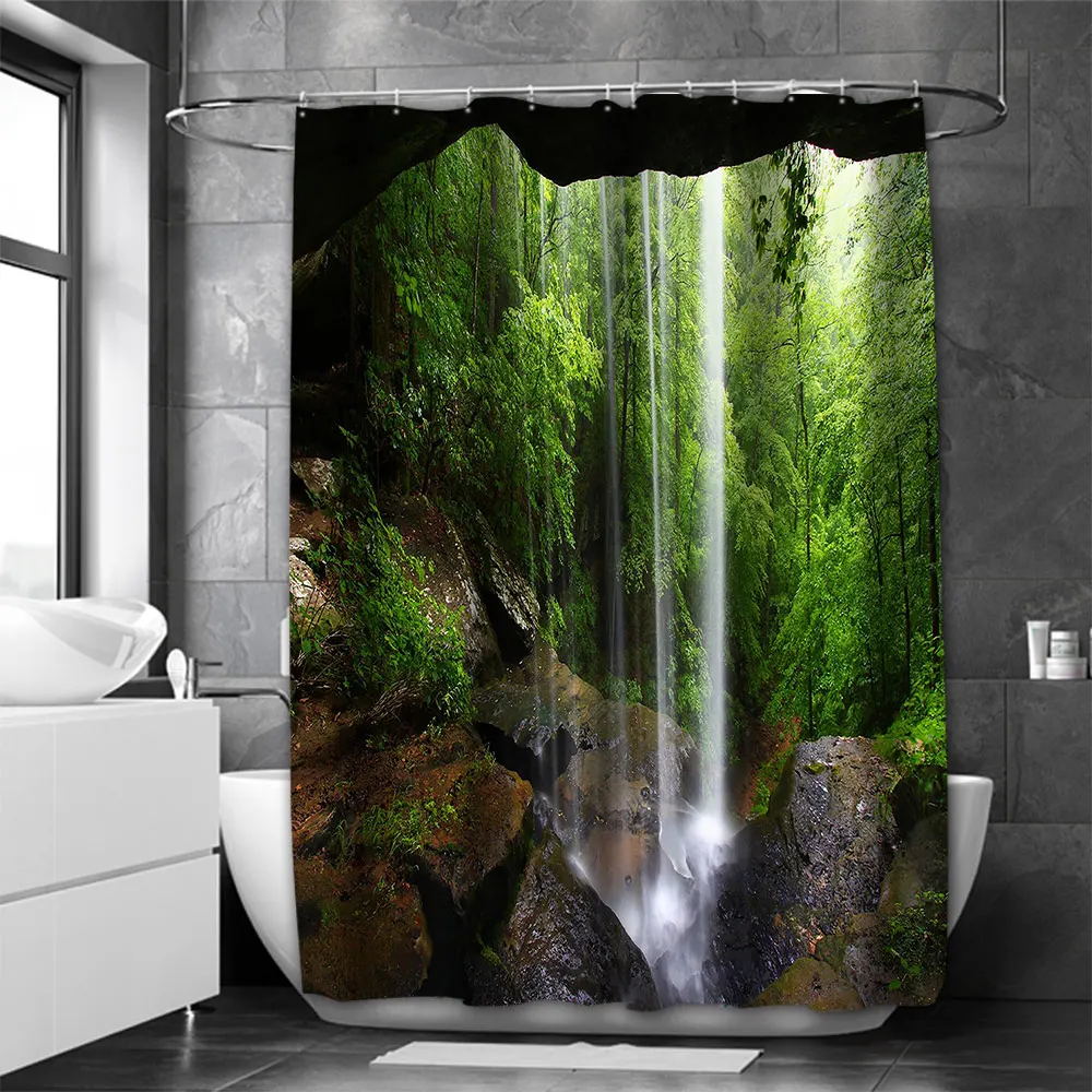 Beautiful Waterfall Bathing Curtain  Bathroom Shower Curtain Waterproof With 12 Hooks Home Deco Free Ship