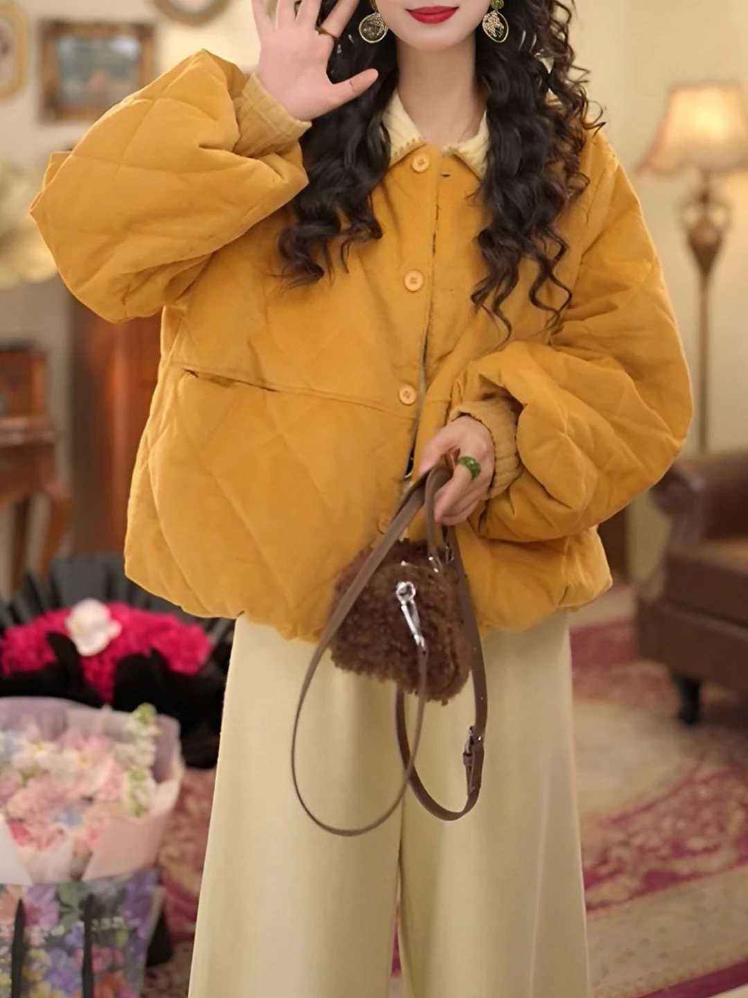 

Retro Thiened Warm Cotton Jaet Women's ort Sle Quilted Coat Loose Fit Bread Sle Upper Apparel Winter Outerwear