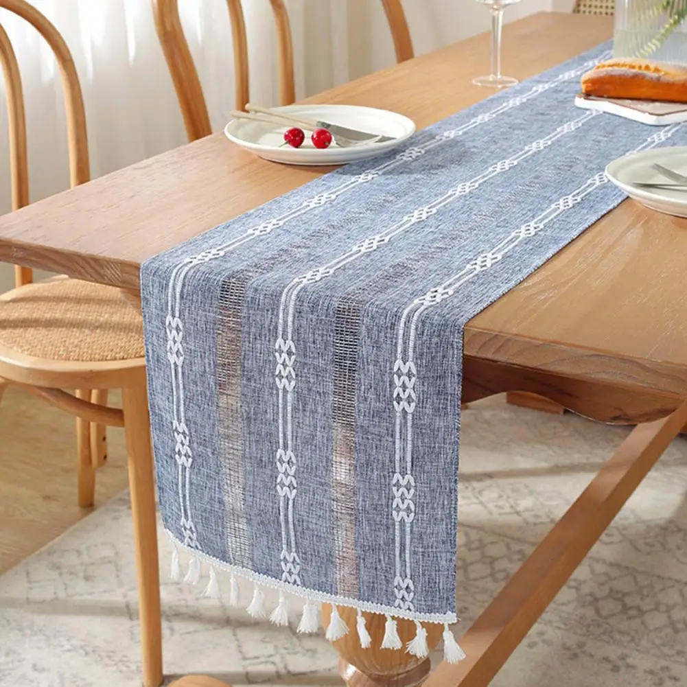 Rustic Table Runner Elegant Satin Wedding Party Table Runner with Nordic Style Hollow Out Tassel Design Stain-proof for Hotel